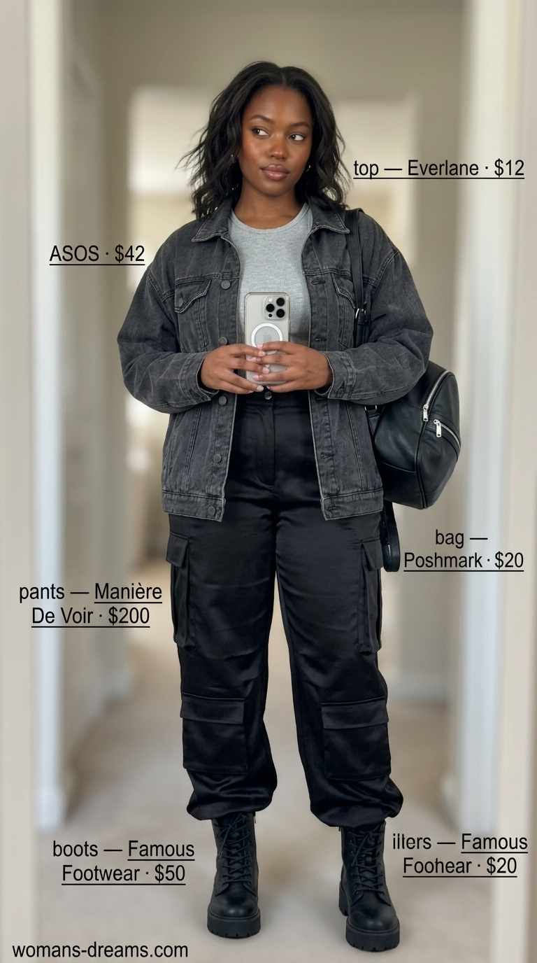 Urban Edge Cargo Pants 2026 Black cargo pants with combat boots for confident midsize outfits summer 2026. Edgy urban style.