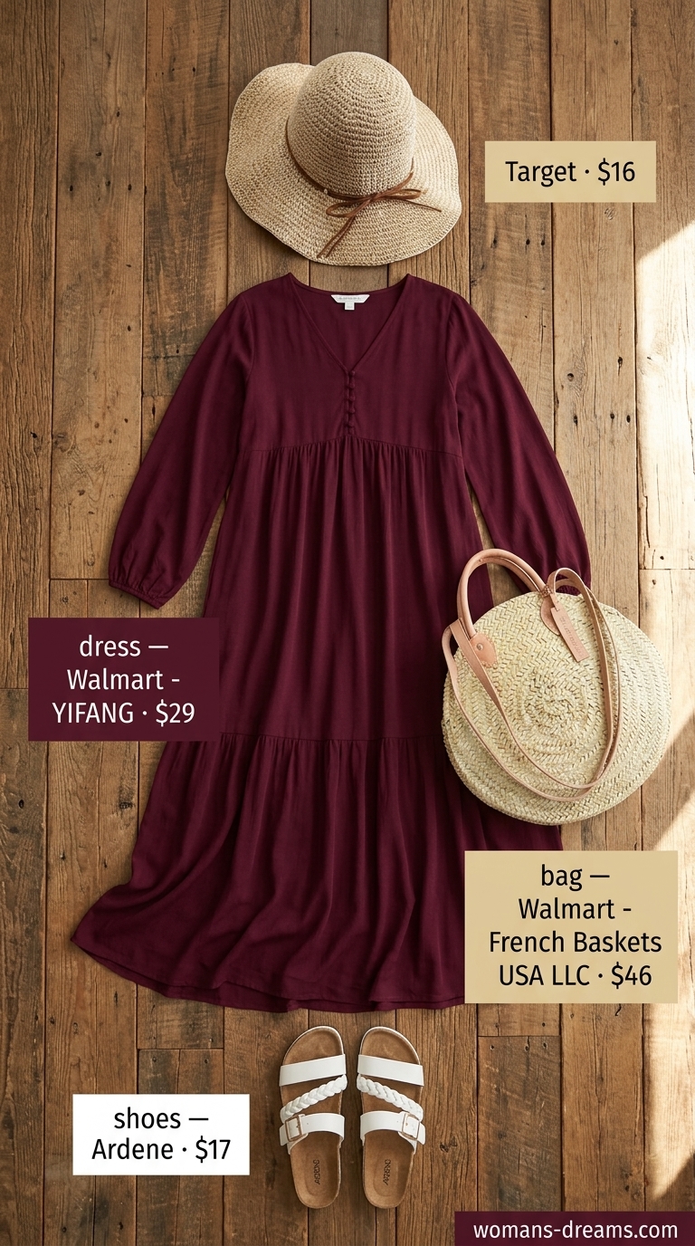 Confident Midsize Beach Vacation Outfit 2026 Confident midsize outfits summer 2026: Terracotta flowy maxi caftan dress, straw hat, and tote for beach vacation.