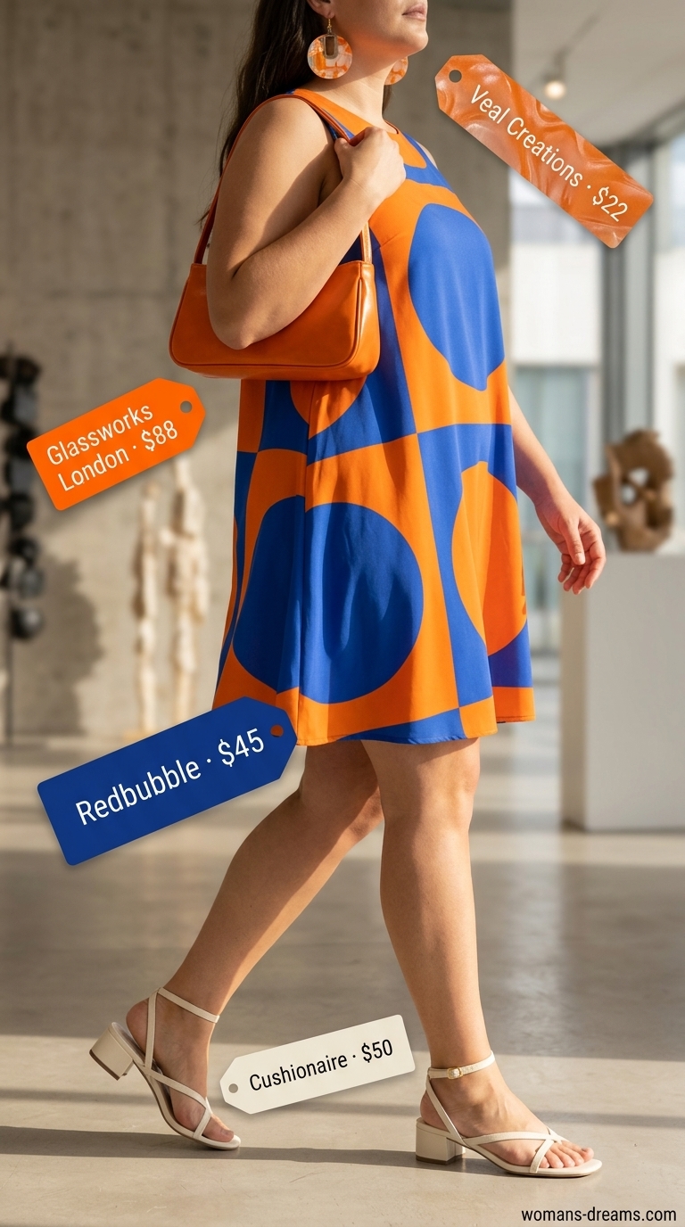 Confident midsize outfits summer 2026: Cobalt blue mini dress, orange bag, resin earrings, and cream mules.