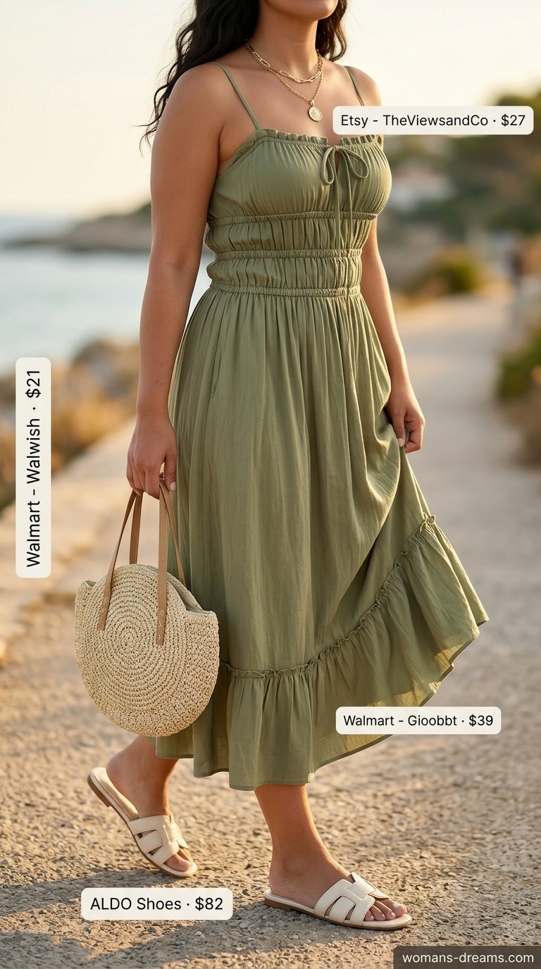 Coastal Bohemian Dress 2026 Coral maxi dress with cream sandals for confident midsize outfits summer 2026. Ideal for beach vacations.