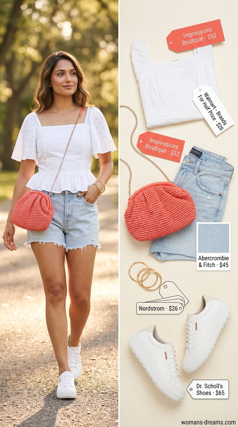 Playful Park Day Denim Shorts 2026 Denim shorts and eyelet blouse for confident midsize outfits summer 2026. Perfect for park days.