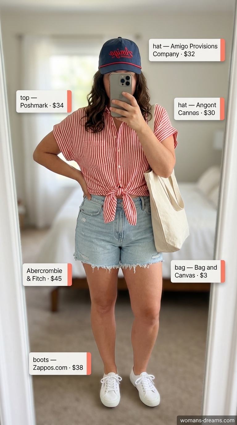 Weekend Market Shorts 2026 Denim shorts with striped shirt for confident midsize outfits summer 2026. Casual weekend market style.