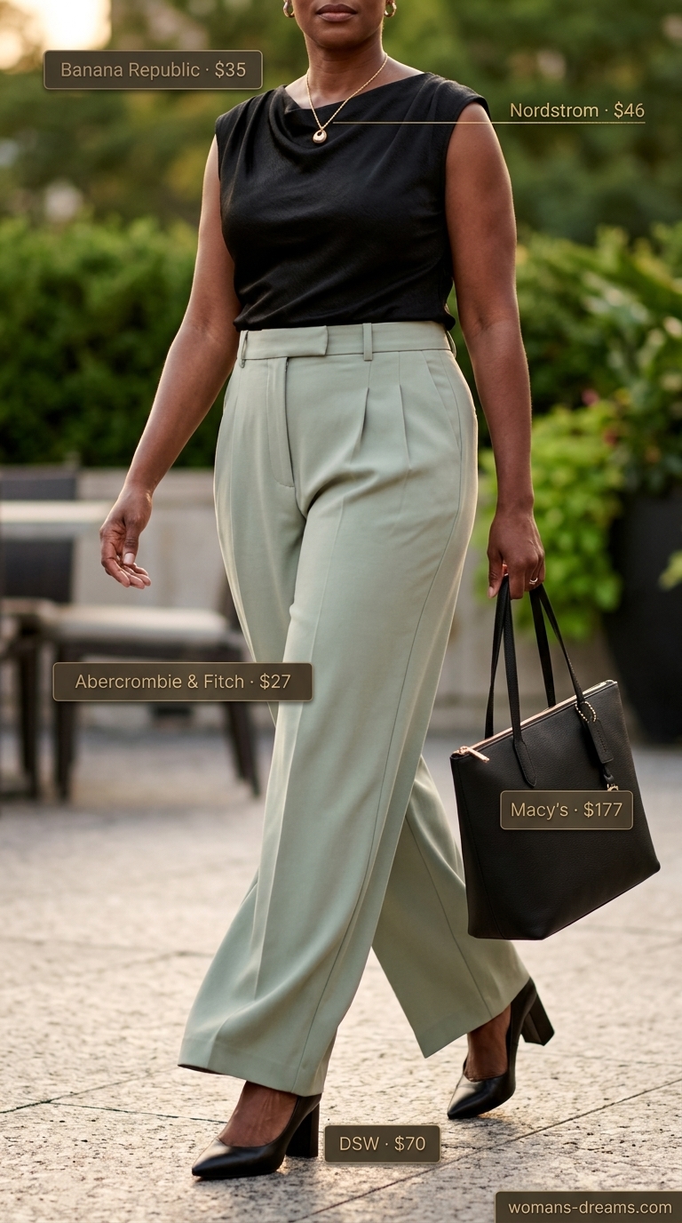 Emerald Trousers: Confident Midsize Outfits Summer 2026 Confident midsize outfits summer 2026: Emerald green trousers, black blouse, pumps, and tote for office chic.