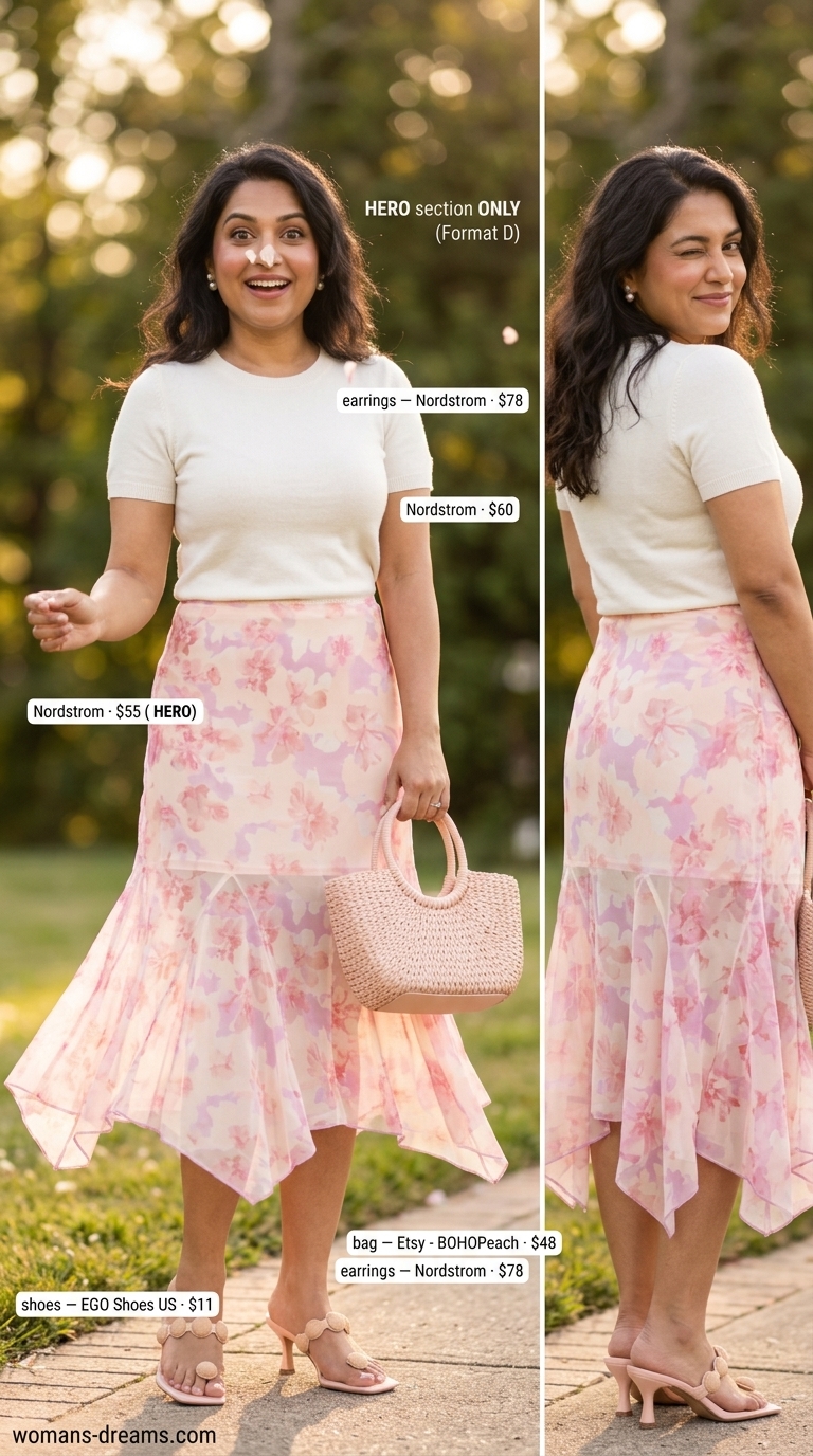 Confident Midsize Garden Party Outfit 2026 Confident midsize outfits summer 2026: Floral midi skirt, ivory knit sweater, and mules for a garden party.