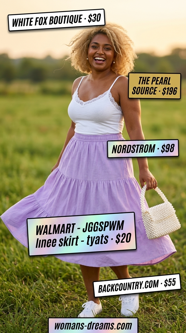 Lavender Skirt Festival: Confident Midsize Outfits Summer 2026 Confident midsize outfits summer 2026: Lavender tiered skirt, white cami, sneakers, pearl bag for festival fun.