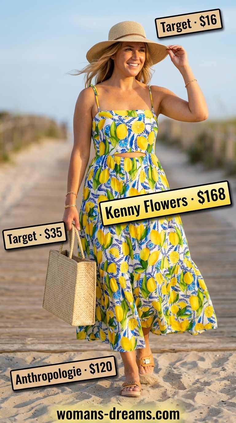 Lemon Maxi Dress: Confident Midsize Outfits Summer 2026 Confident midsize outfits summer 2026: Lemon yellow maxi dress, straw hat, and wooden slides for beach vacation.