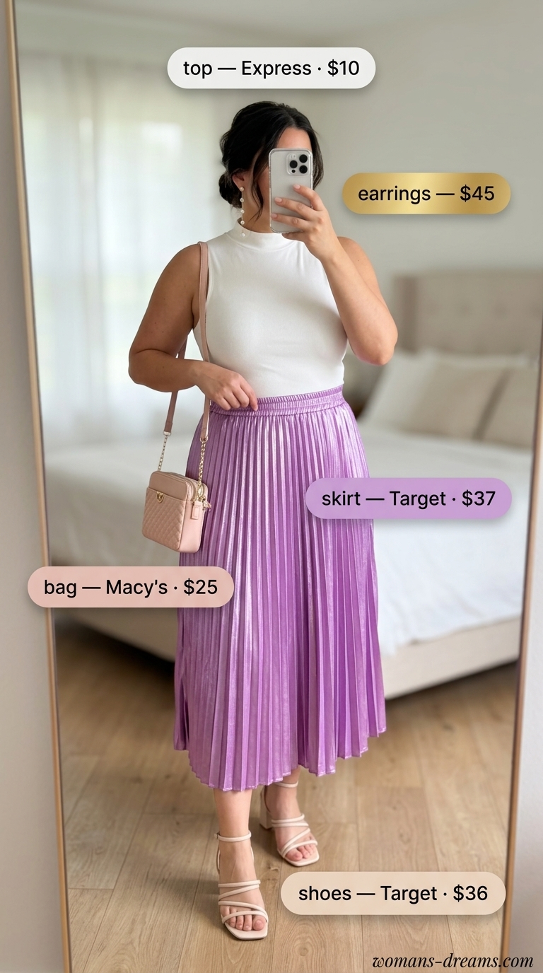 Sunset Garden Skirt Outfit 2026 Lilac pleated midi skirt with knit top for confident midsize outfits summer 2026. Romantic garden party look.