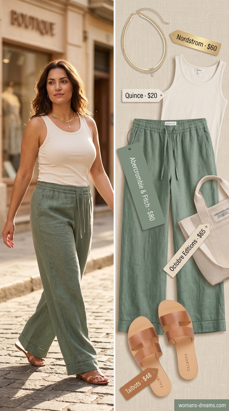 Confident Midsize Lunch Date Outfit 2026 Confident midsize outfits summer 2026: Sage green linen pants, cream knit top, and tan sandals for a lunch date.