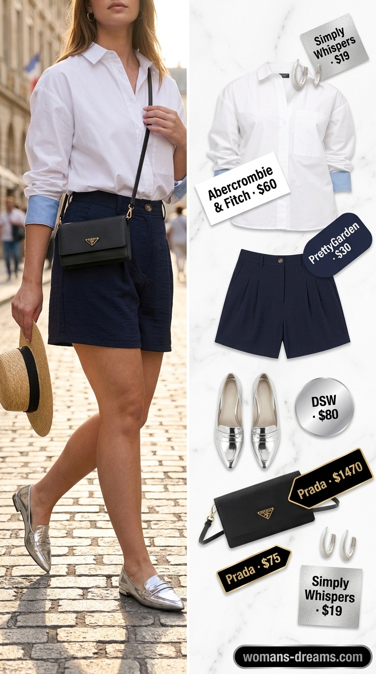 Navy City Chic: Confident Midsize Outfits Summer 2026 Confident midsize outfits summer 2026: Navy shorts, white button-down, loafers, and structured bag for city exploring.