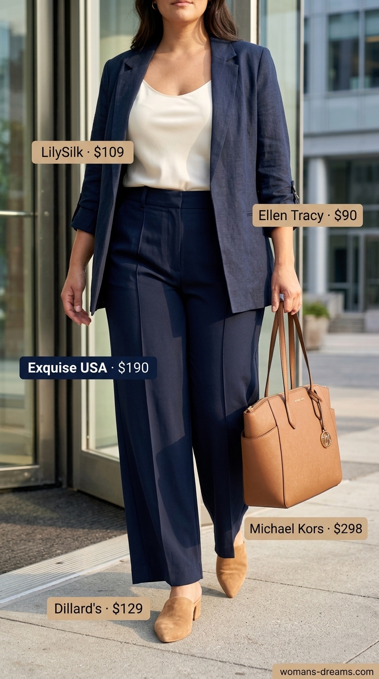 Midday Meeting Trousers 2026 Navy wide-leg trousers with ivory camisole for confident midsize outfits summer 2026. Polished office chic.