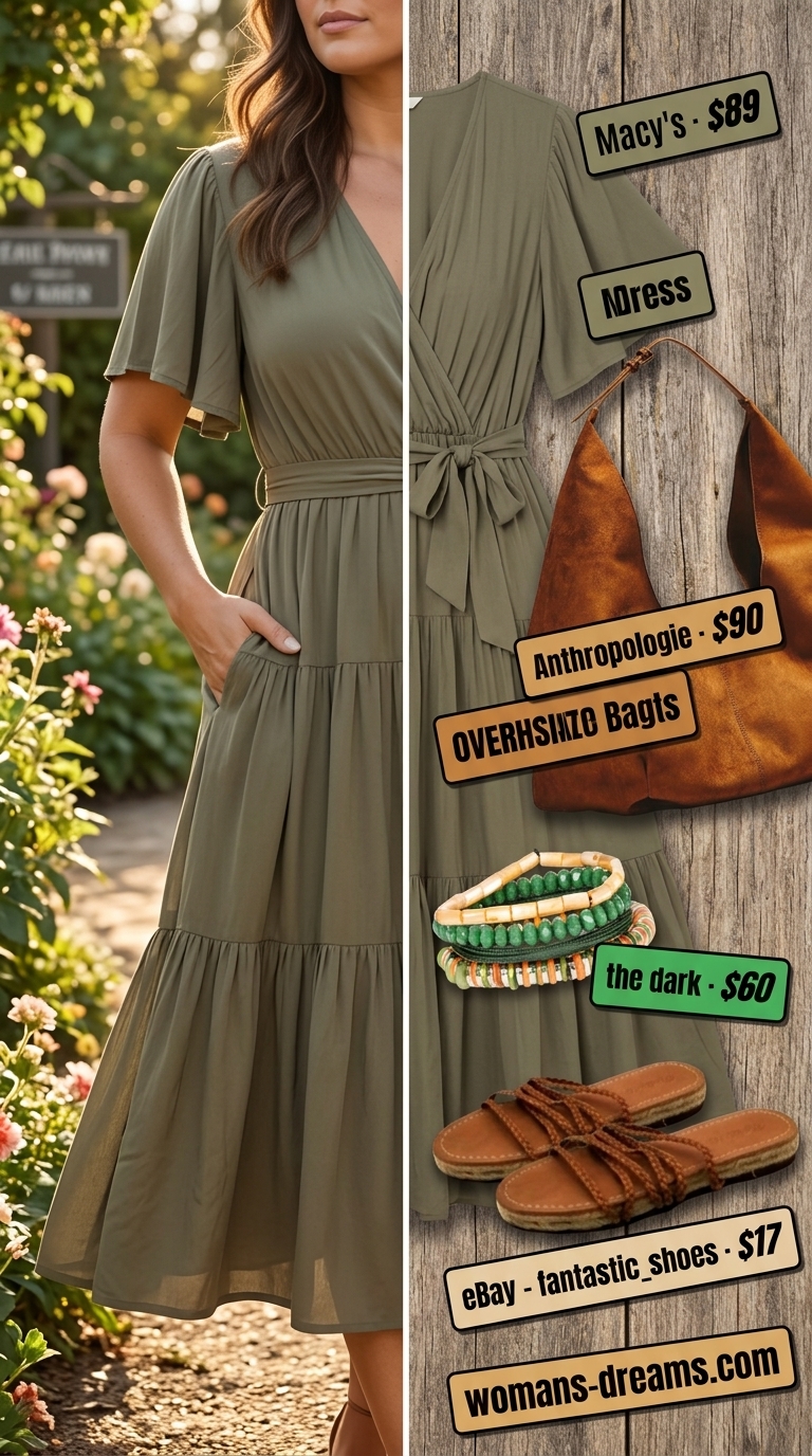 Olive Midi Dress: Confident Midsize Outfits Summer 2026 Confident midsize outfits summer 2026: Olive green midi dress, tan slides, hobo bag, and beaded bracelets.