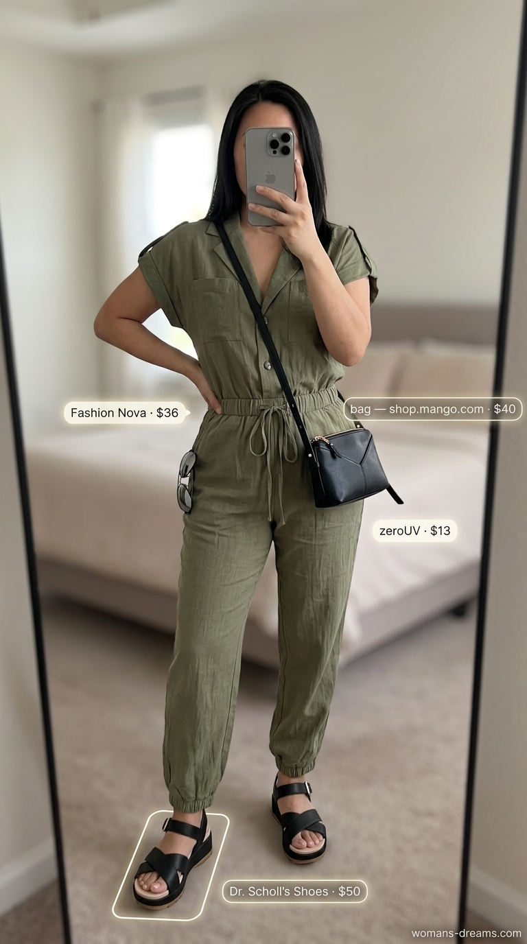 Utility Chic Jumpsuit 2026 Olive green utility jumpsuit with platform sandals for confident midsize outfits summer 2026. Chic for day or night.