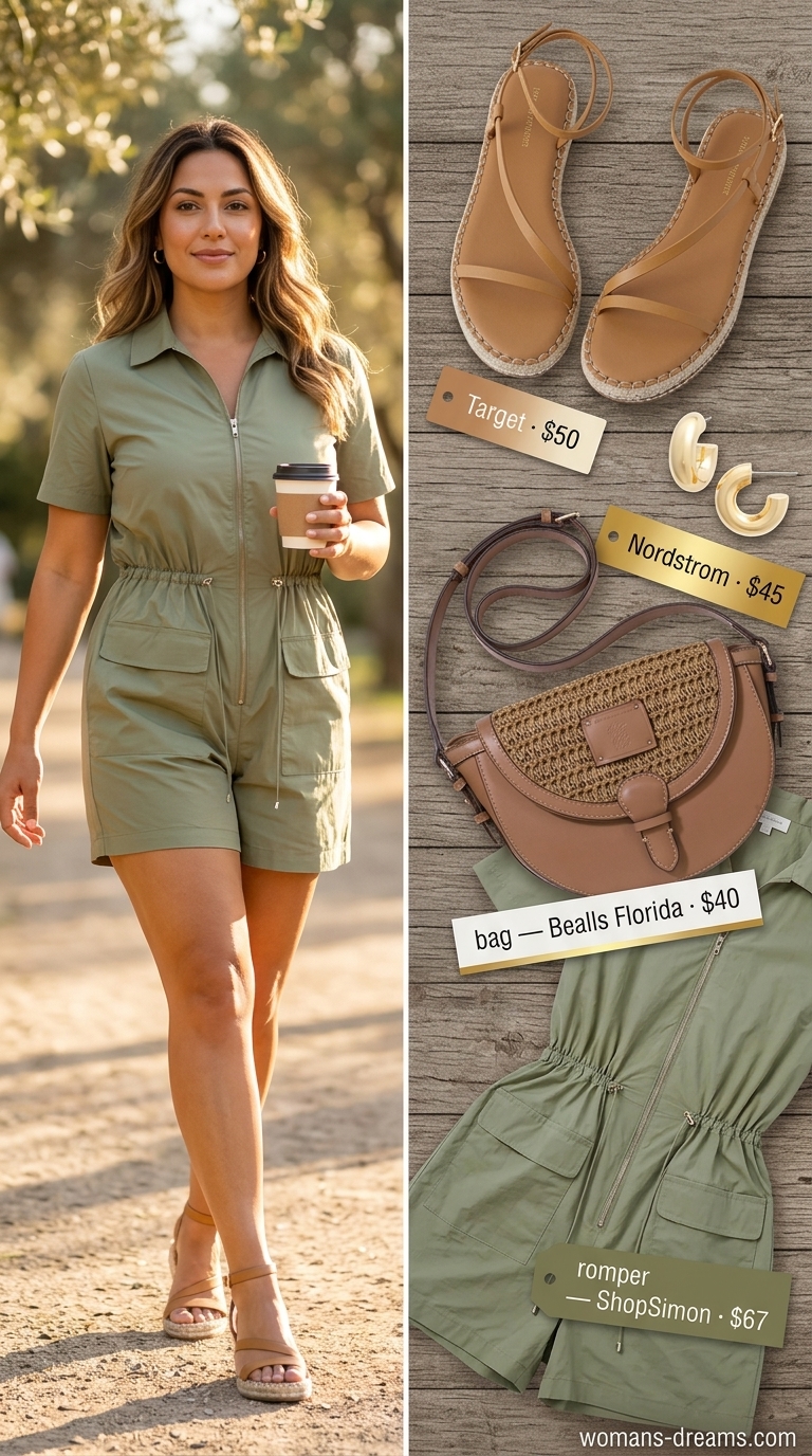 City Break Utility Romper 2026 Olive green utility romper with tan espadrilles for confident midsize outfits summer 2026. Great for city breaks.