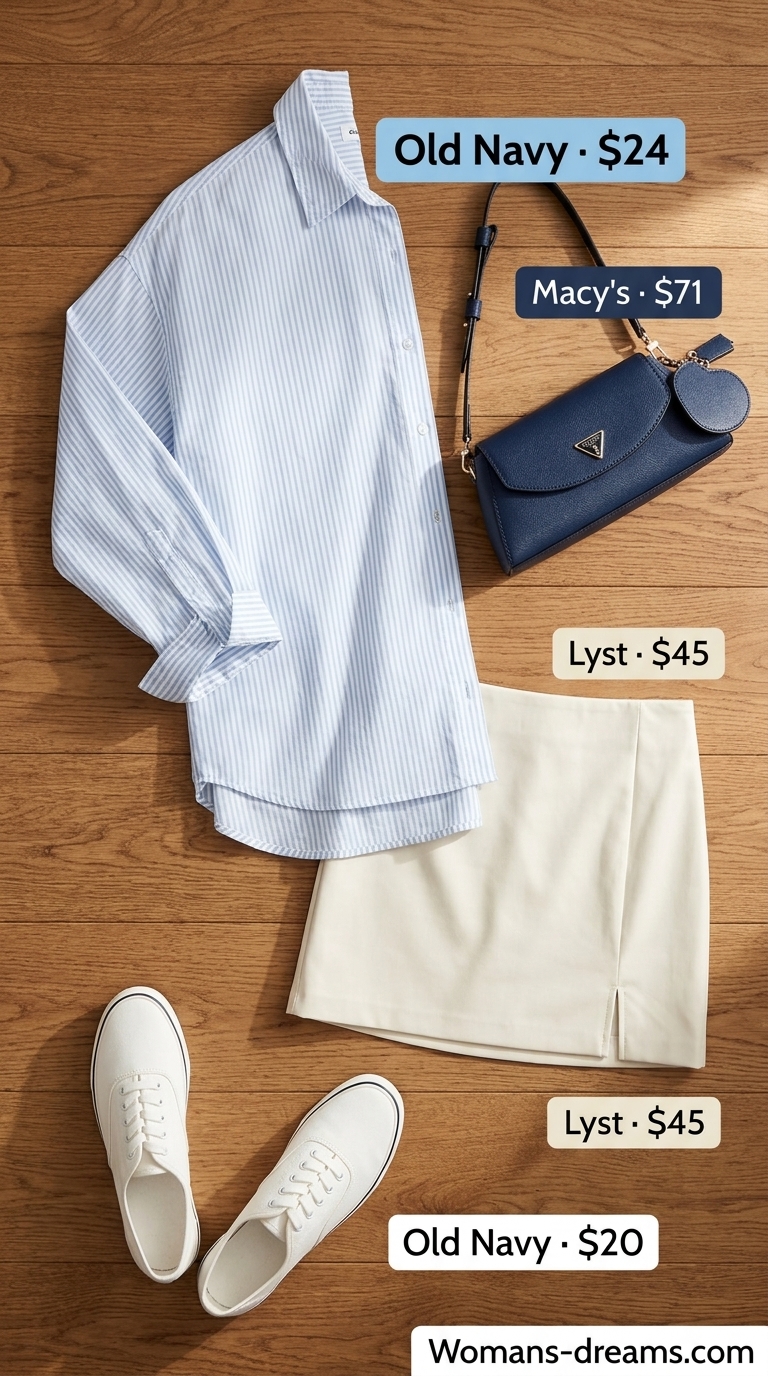 Confident Midsize Lakeside Lunch Outfit 2026 Confident midsize outfits summer 2026: White ribbed tank, A-line mini skirt, sky blue oversized shirt for a lakeside lunch.