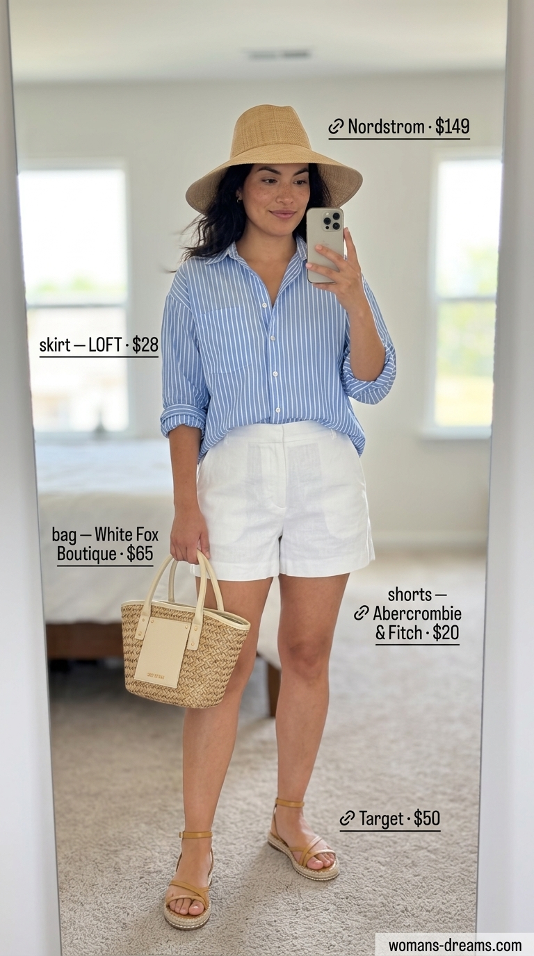Riviera Shorts Style: Confident Midsize Outfits Summer 2026 Confident midsize outfits summer 2026: White linen shorts, sky blue shirt, straw hat, and espadrilles for resort wear.