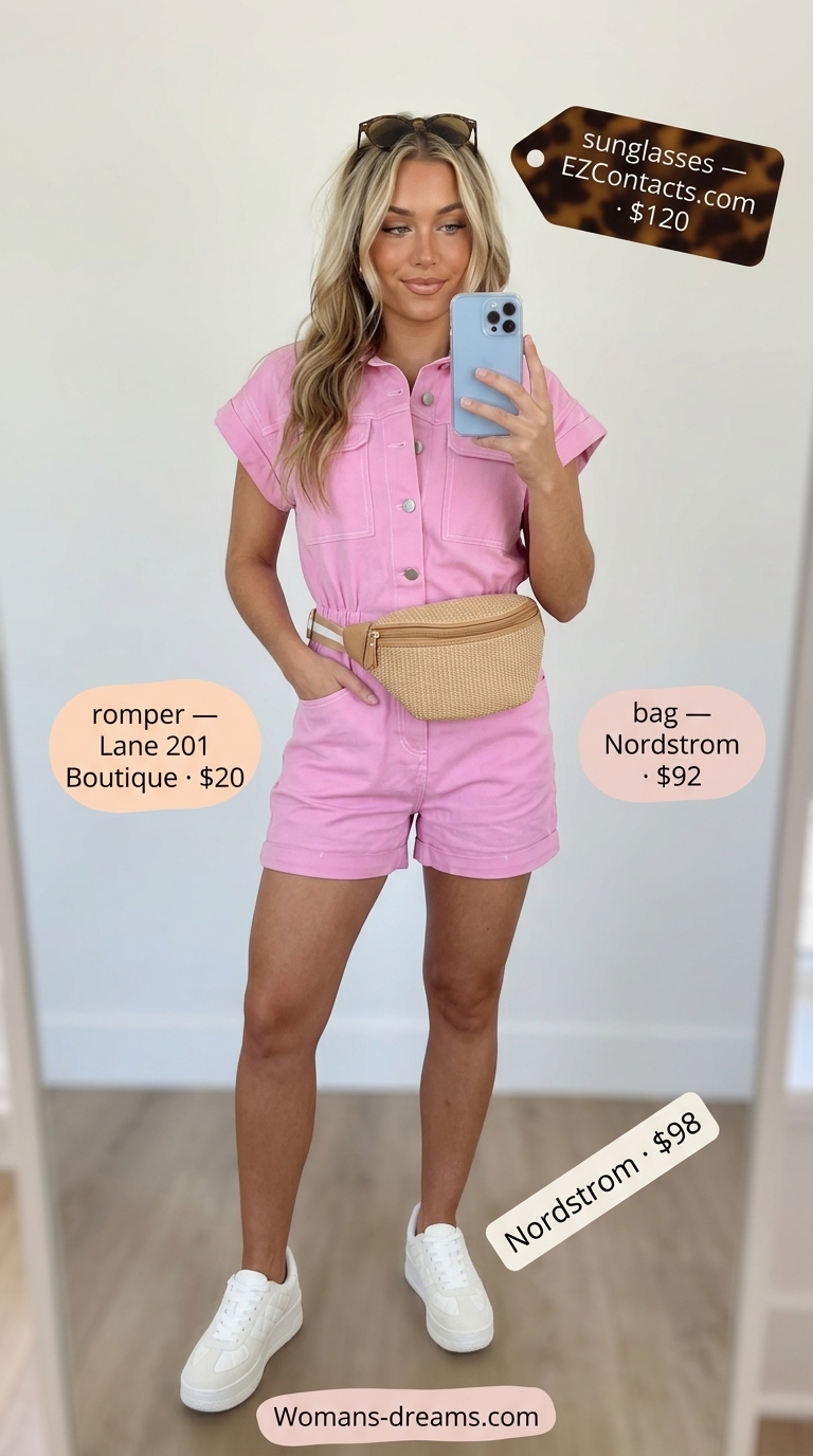 Daytime Festival Romper 2026 Dusty rose romper with white sneakers for confident midsize outfits summer 2026. Perfect for festivals.