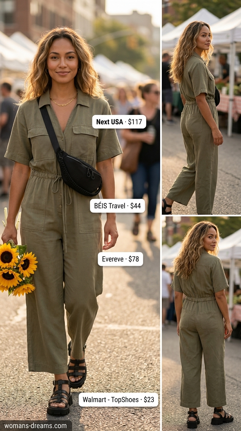 Confident Midsize Weekend Trip Outfit 2026 Confident midsize outfits summer 2026: Khaki utility jumpsuit, black chunky sandals, and belt bag for a weekend trip.