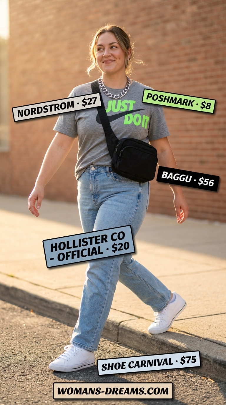 Street Smart Denim: Confident Midsize Outfits Summer 2026 Confident midsize outfits summer 2026: Grey tee, light wash jeans, neon green sneakers, and belt bag for casual days.