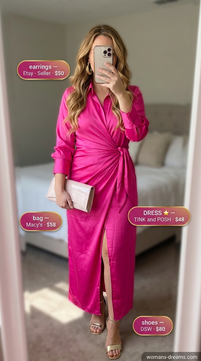 Confident Midsize Summer Party Outfit 2026 Confident midsize outfits summer 2026: Bright fuchsia satin midi wrap dress, gold heels, and clutch for a summer party.