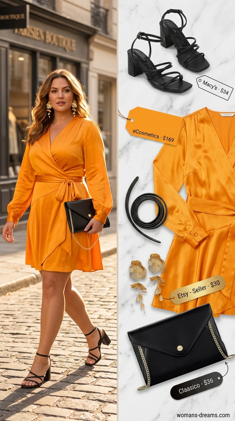 Confident Midsize Summer Wedding Guest Outfit 2026 Confident midsize outfits summer 2026: Mango orange satin midi wrap dress, black clutch, gold earrings for a summer wedding guest look.