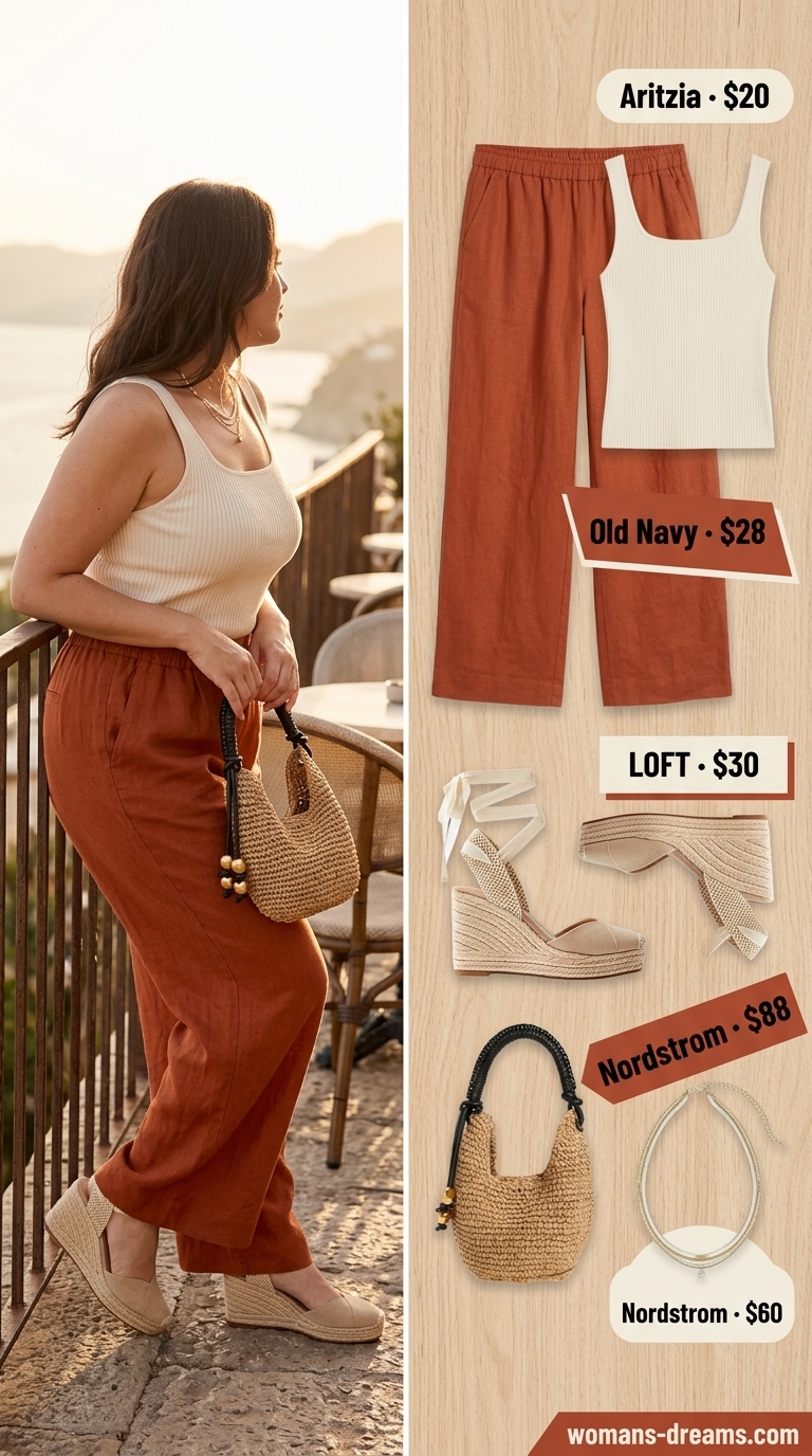 Terracotta Brunch Style: Confident Midsize Outfits Summer 2026 Confident midsize outfits summer 2026: Terracotta linen pants, cream tank, gold jewelry, and espadrilles for brunch.