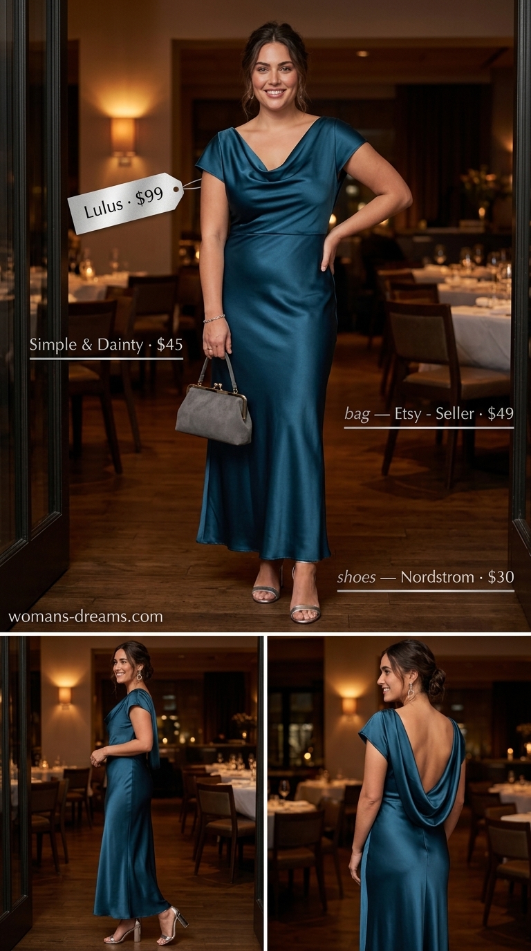 Confident Midsize Evening Event Outfit 2026 Confident midsize outfits summer 2026: Deep teal satin slip dress, silver heels, and clutch for an evening event.