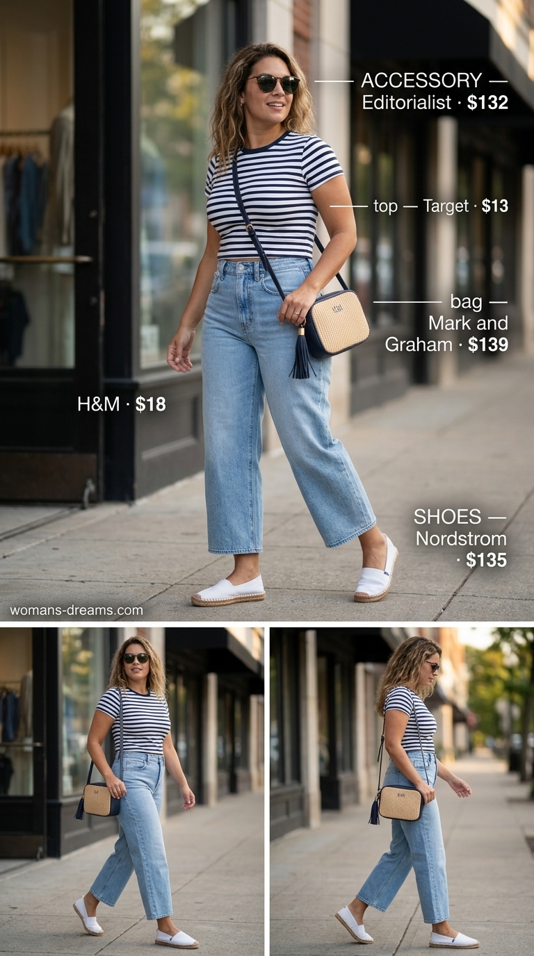 Confident Midsize City Stroll Outfit 2026 Confident midsize outfits summer 2026: Light wash cropped jeans, striped knit top, and espadrilles for a city stroll.