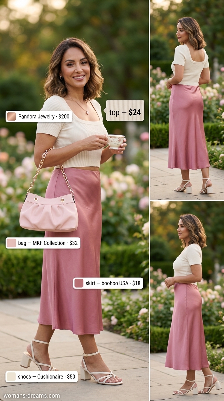 Blush Blossom Brunch: Satin midi skirt, cream knit top, rose gold necklace. Cool hot weather summer outfits for women 2026.