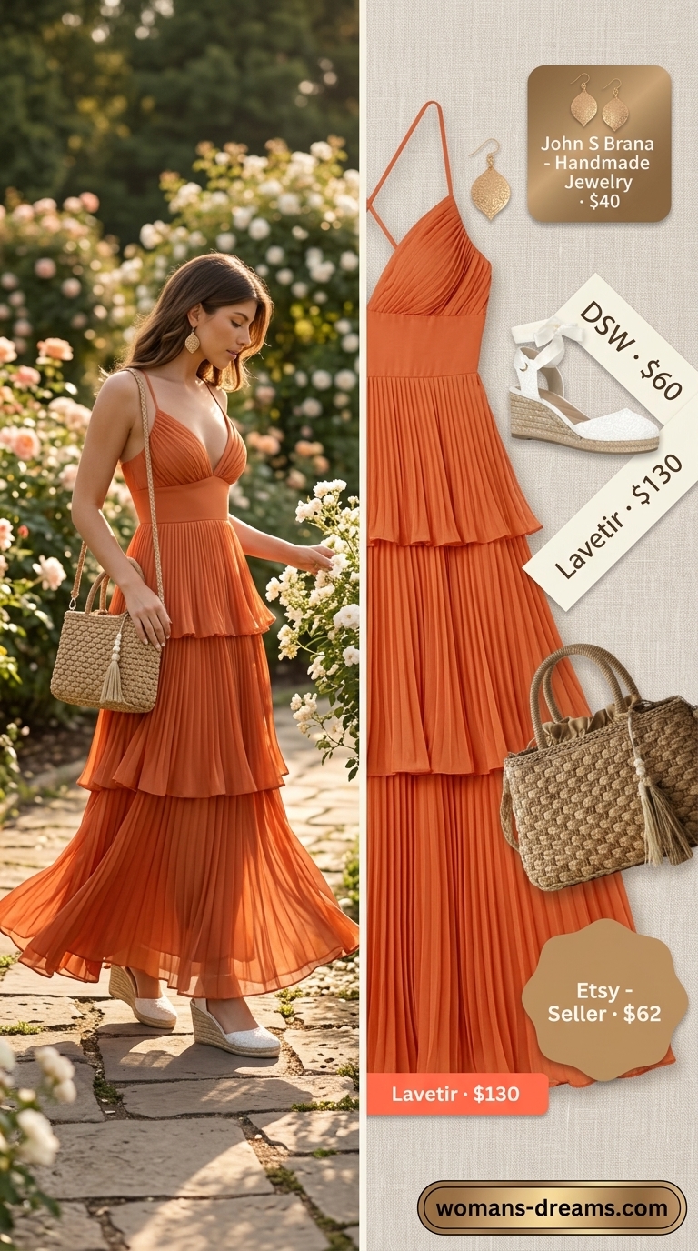 Cool hot weather summer outfits for women 2026: Terracotta maxi dress, espadrille wedges, straw bag for summer festivals.