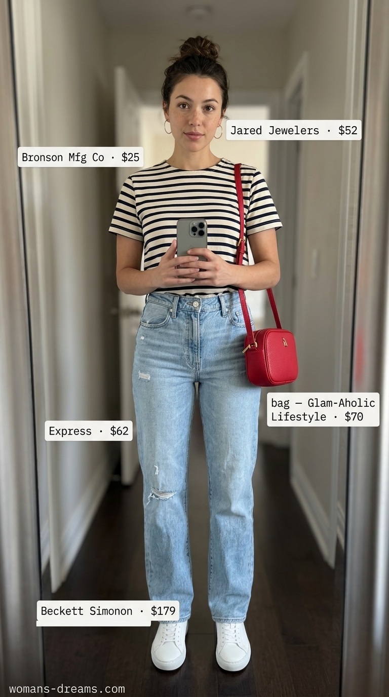 Casual City Explorer: Light wash jeans, Breton stripe tee, red bag. Cool hot weather summer outfits for women 2026.