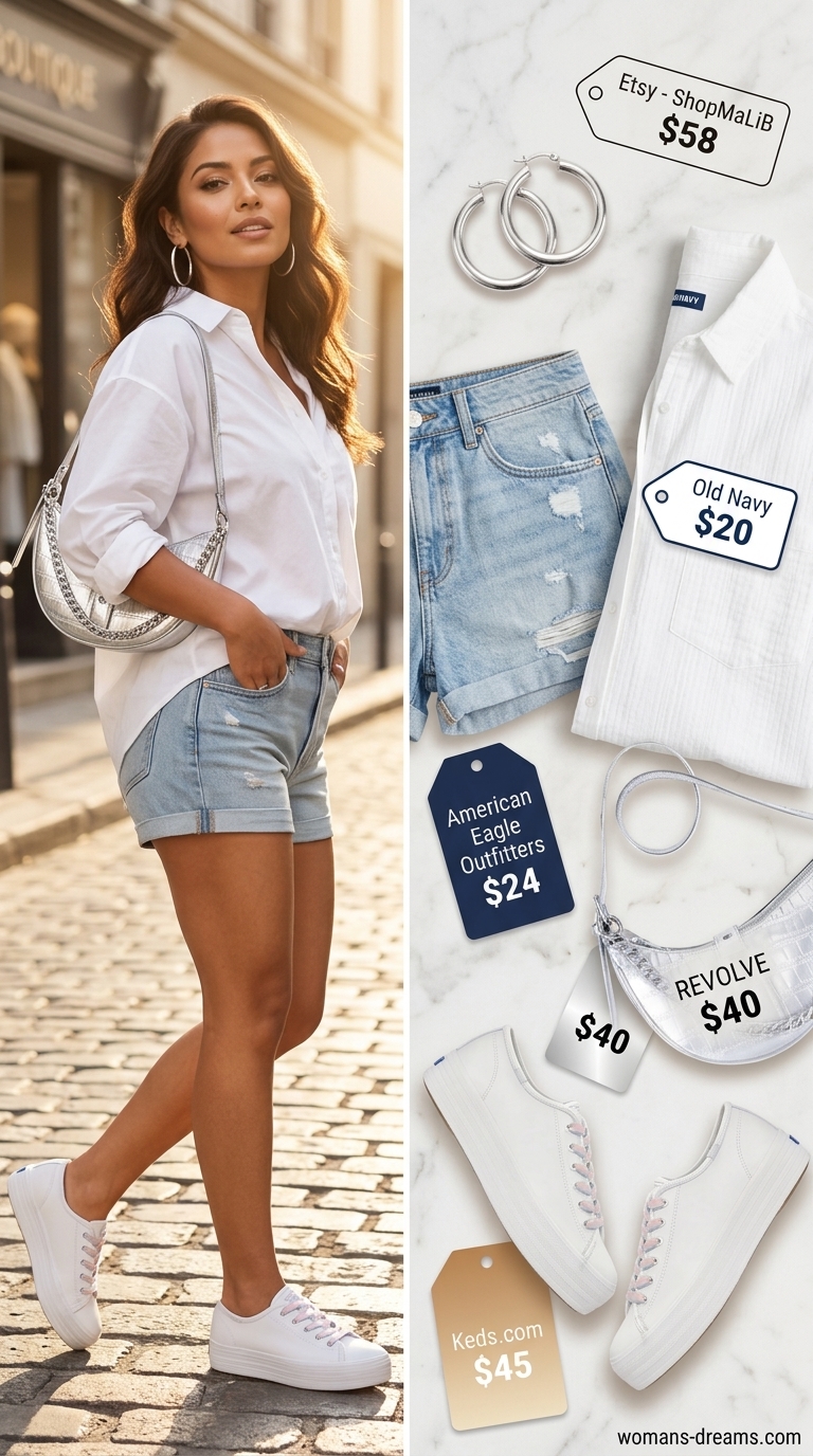 City Heat Escape: Distressed denim shorts, oversized white shirt, silver bag. Cool hot weather summer outfits for women 2026.