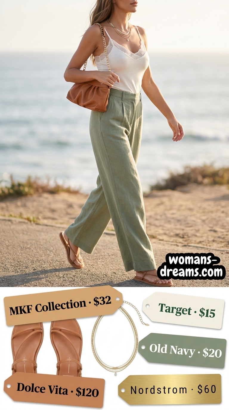 Cool hot weather summer outfits for women 2026: Sage green linen pants, cream camisole, tan sandals for coastal evening.