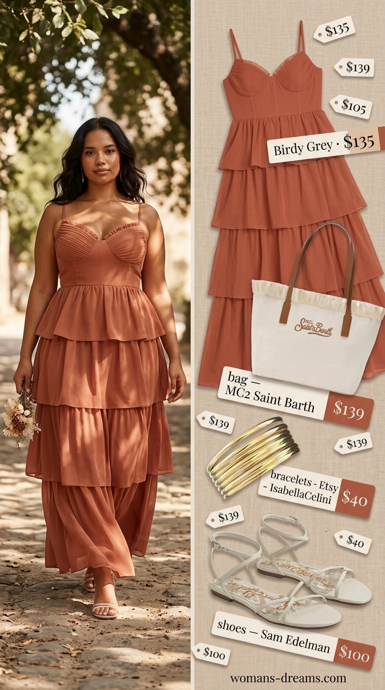 Desert Bloom Maxi: Flowy terracotta dress, straw hat, leather sandals. Cool hot weather summer outfits for women 2026.