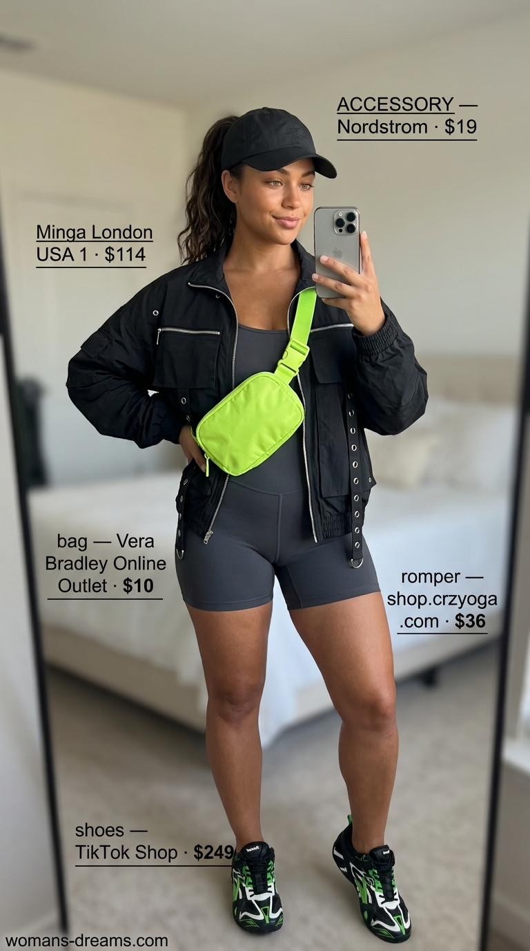 Cool hot weather summer outfits for women 2026: Charcoal bike short romper, neon green sneakers, windbreaker for active day.
