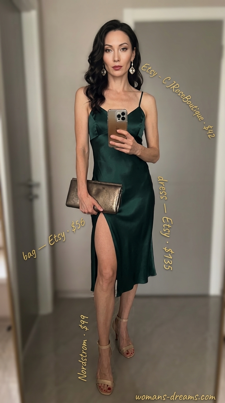 Cool hot weather summer outfits for women 2026: Emerald green silk slip dress, gold heels, bronze clutch for evening glam.