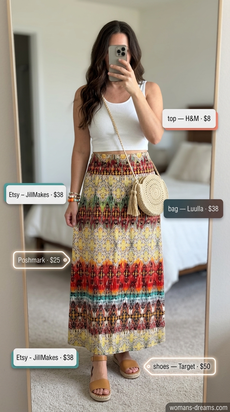 Cool hot weather summer outfits for women 2026: Bold abstract print maxi skirt, white crop top, espadrilles for festivals.