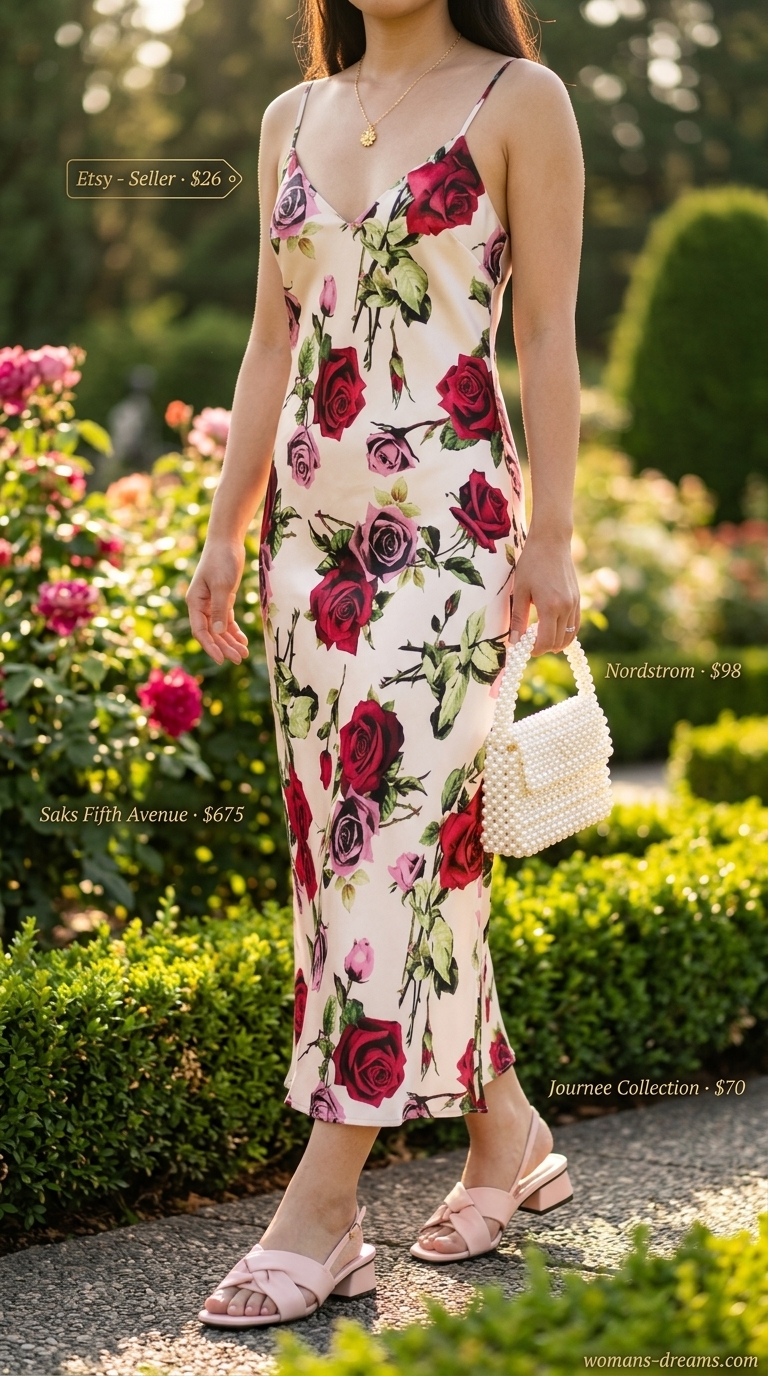 Cool hot weather summer outfits for women 2026: Floral satin slip dress, blush block heels, ivory micro bag for garden party.