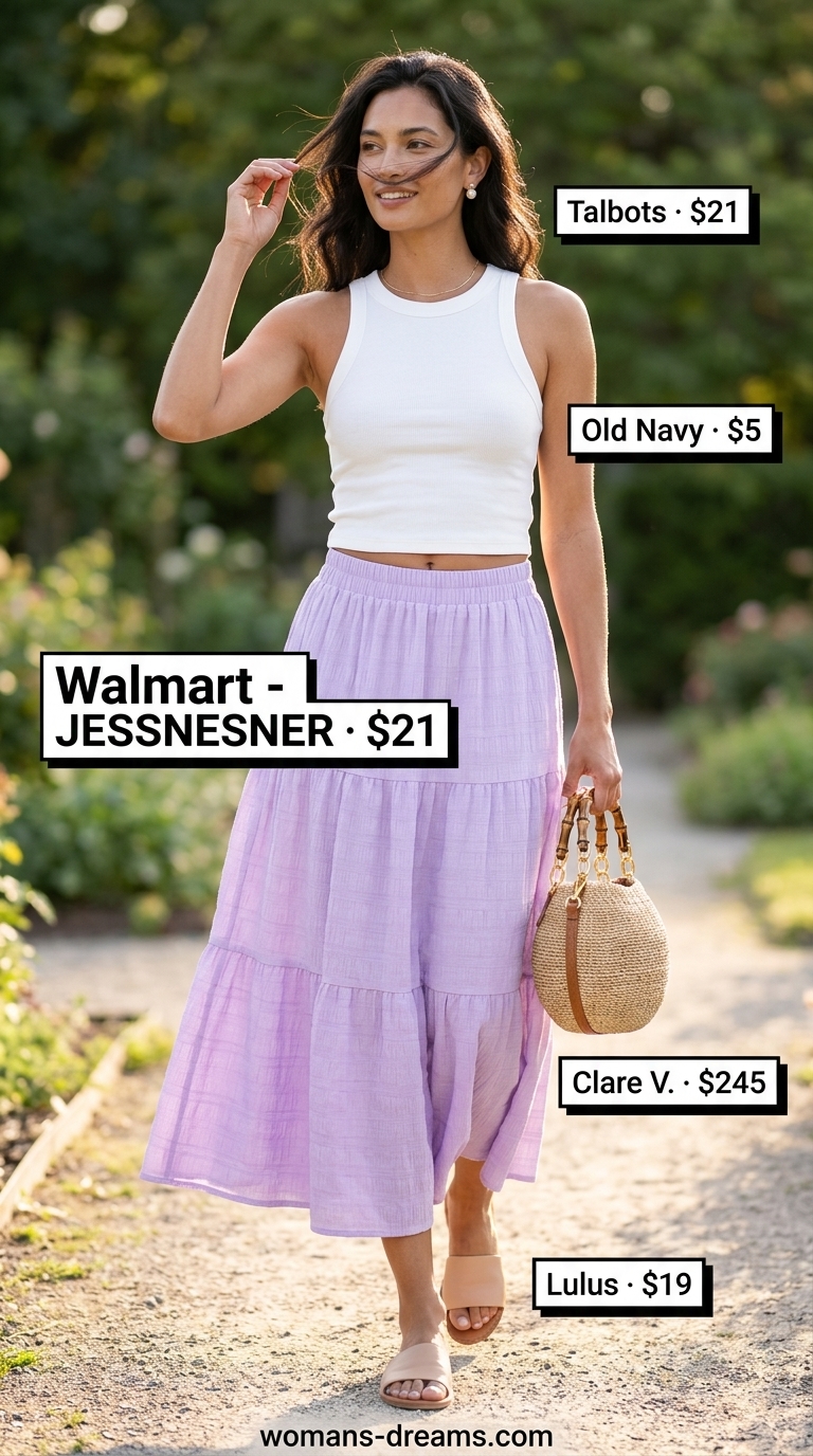 Cool hot weather summer outfits for women 2026: Lavender maxi skirt, white crop top, nude sandals for garden parties.