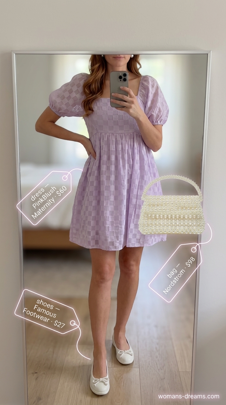 Cool hot weather summer outfits for women 2026: Lavender babydoll mini dress, white ballet flats, pearl earrings for brunch.