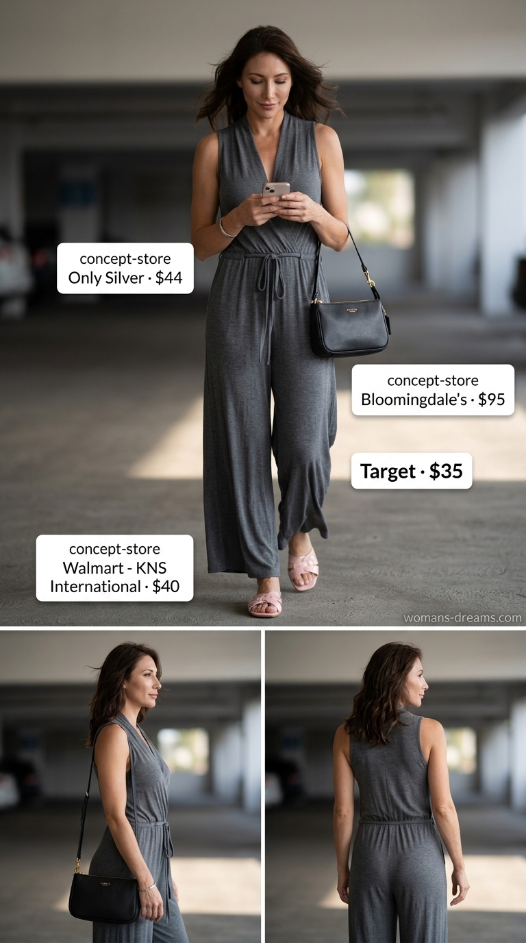 Monochrome Muse: Charcoal grey jumpsuit, white slides, silver cuff. Cool hot weather summer outfits for women 2026.