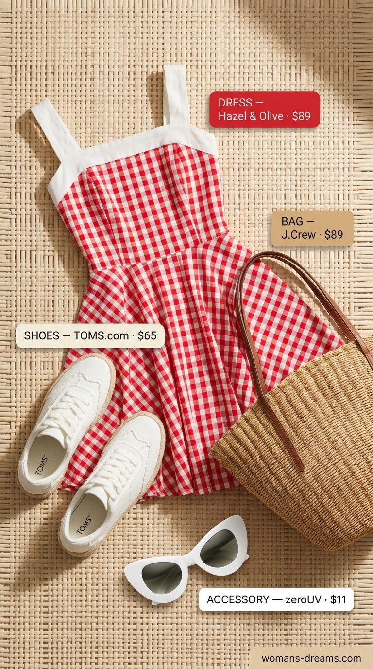 Picnic in Gingham: Red and white gingham sundress, bow headband, straw bag. Cool hot weather summer outfits for women 2026.