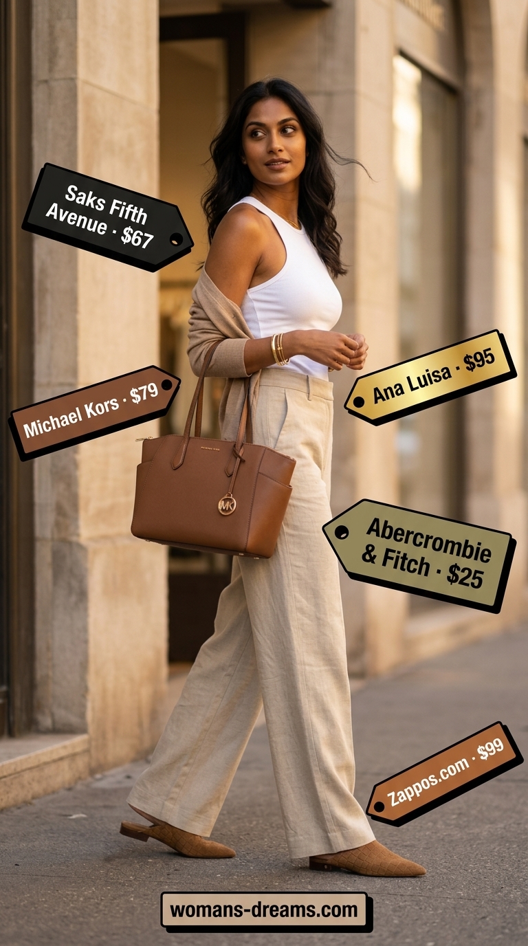 Quiet Luxury: Beige linen trousers, white tank, leather mules. Cool hot weather summer outfits for women 2026.