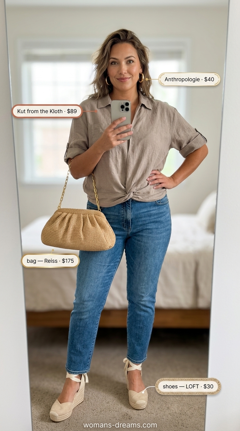 Cool hot weather summer outfits for women 2026: Terracotta linen set, espadrille wedges, raffia clutch for resort wear.