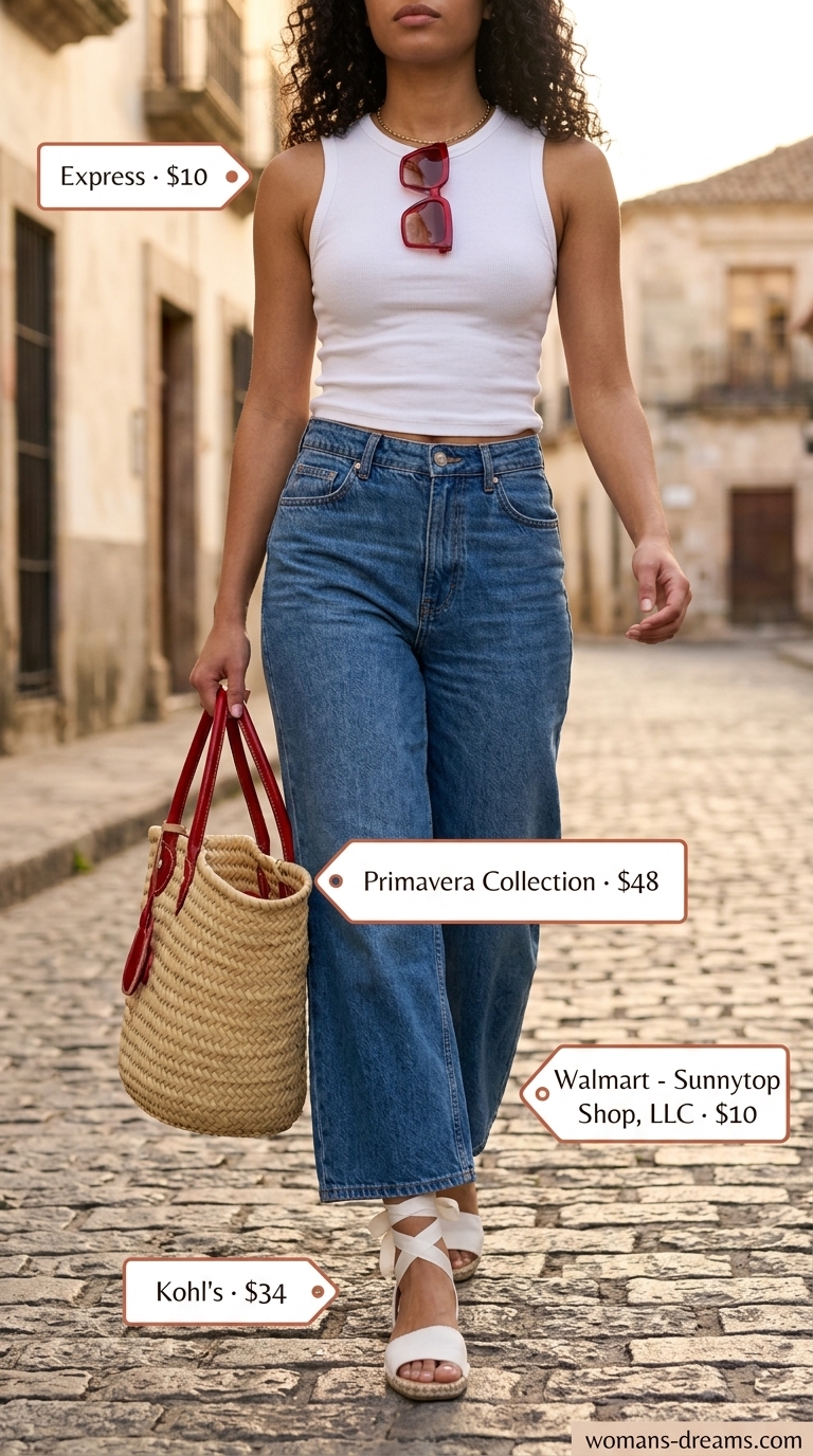 Cool hot weather summer outfits for women 2026: Blue/white stripe linen set, red sunglasses, espadrilles for vacation.