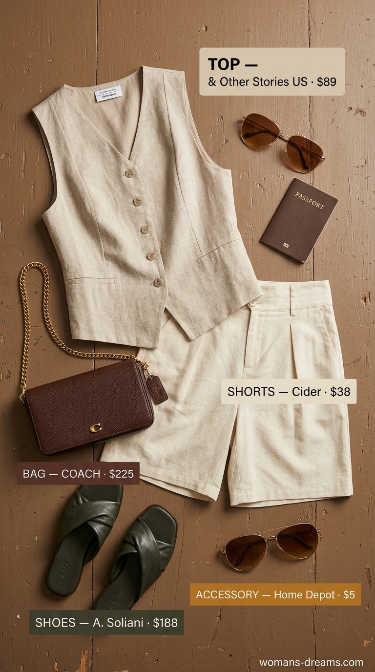 Cool hot weather summer outfits for women 2026: Linen shorts, sleeveless vest, leather slides for resort exploration.
