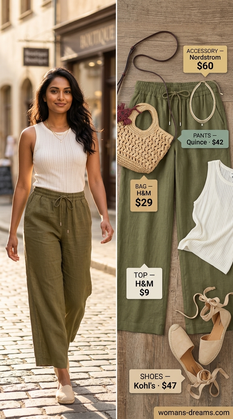 Seaside Breeze: Sage green linen pants, cream knit top, straw bag. Cool hot weather summer outfits for women 2026.