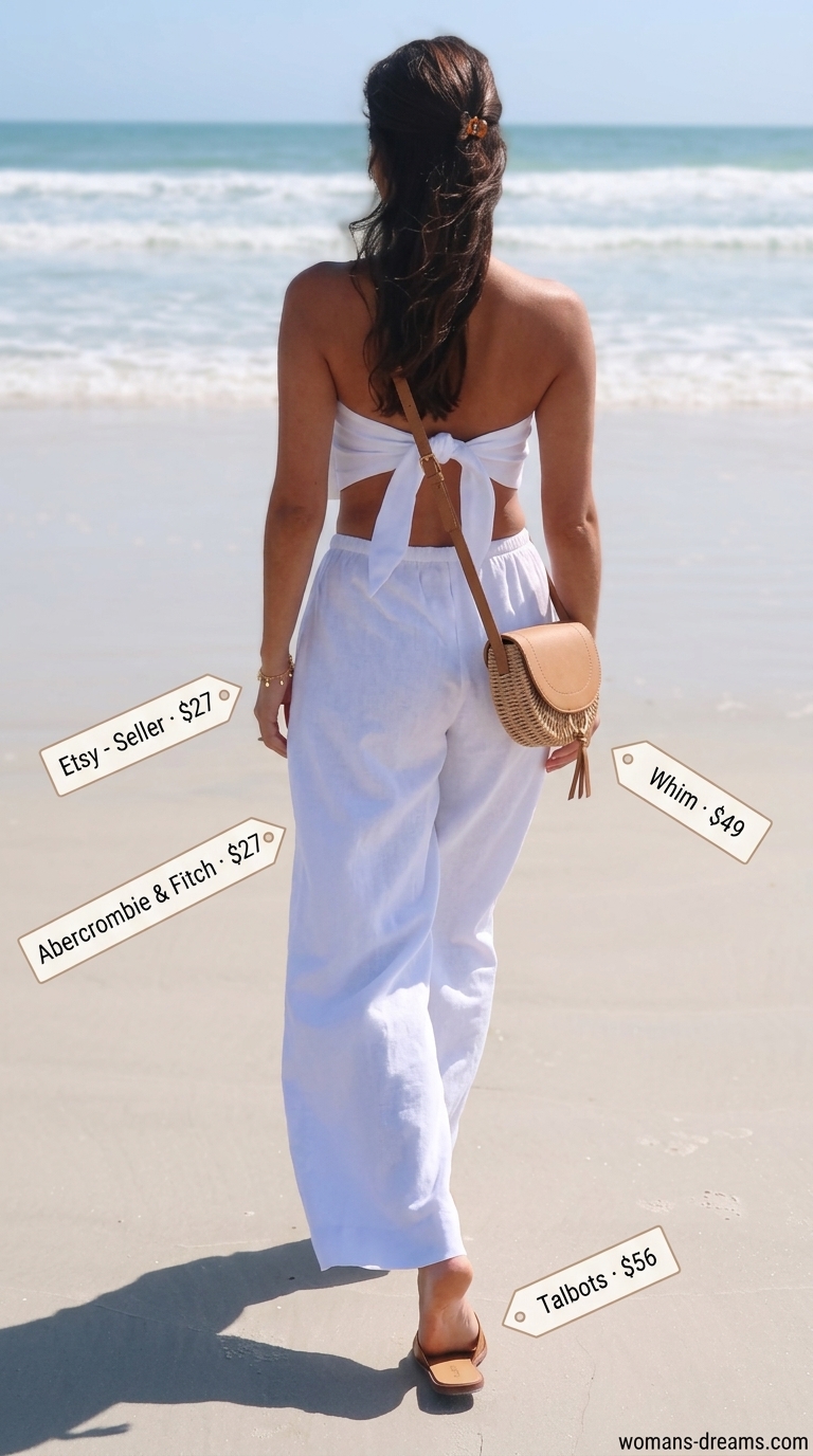 Cool hot weather summer outfits for women 2026: White linen pants, sky blue tube top, tan slides for beach vacation.