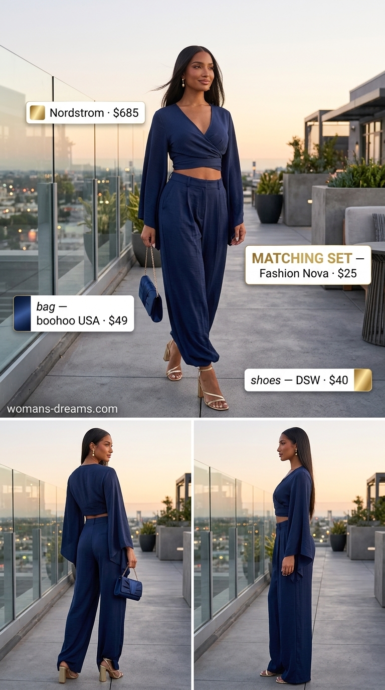 Cool hot weather summer outfits for women 2026: Navy crop top and wide-leg pants set, gold sandals for cocktail hour.
