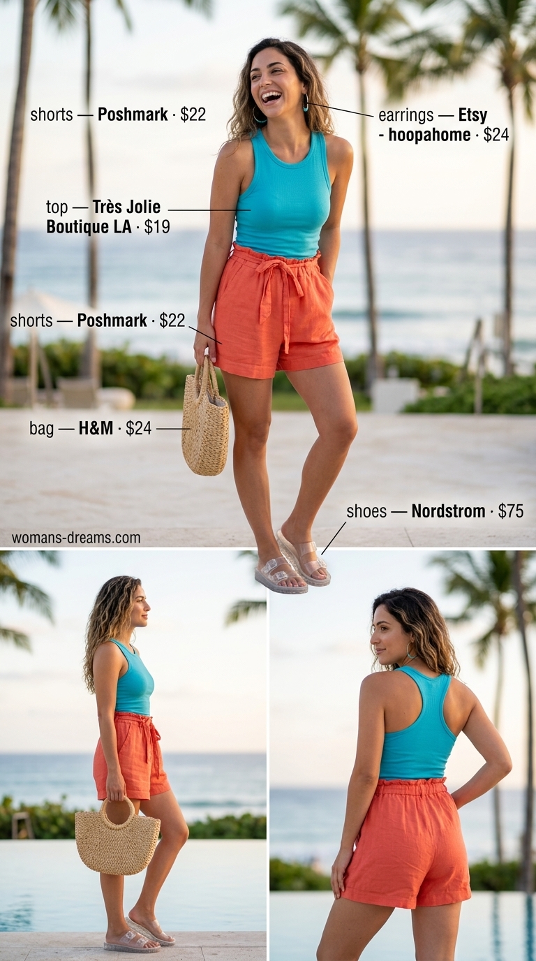 Tropical Sunset: Coral shorts, turquoise tank, straw tote. Cool hot weather summer outfits for women 2026.