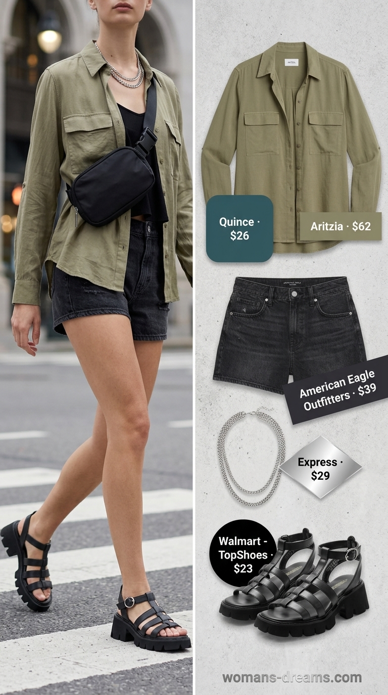Cool hot weather summer outfits for women 2026: Olive green utility shirt, denim shorts, black sandals, belt bag for city sightseeing.